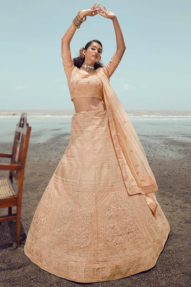A Line Lehenga in Georgette Peach for Bridesmaid 