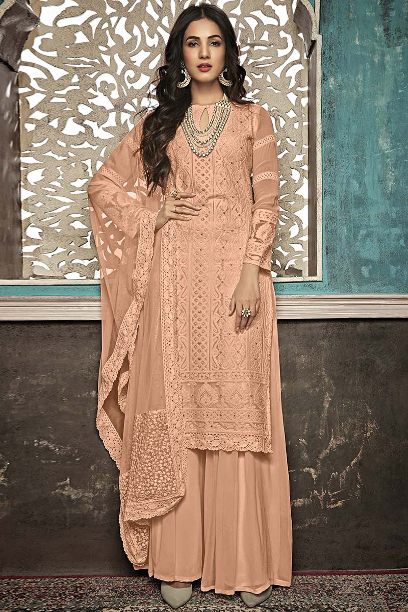 Buy Peach Georgette Palazzo Pant Suit With Lakhnavi Work Online LSTV05013 Andaaz Fashion