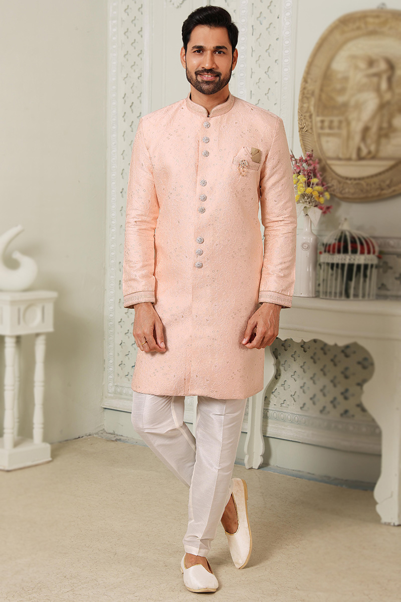 Peach Jacquard Silk Men's Sherwani