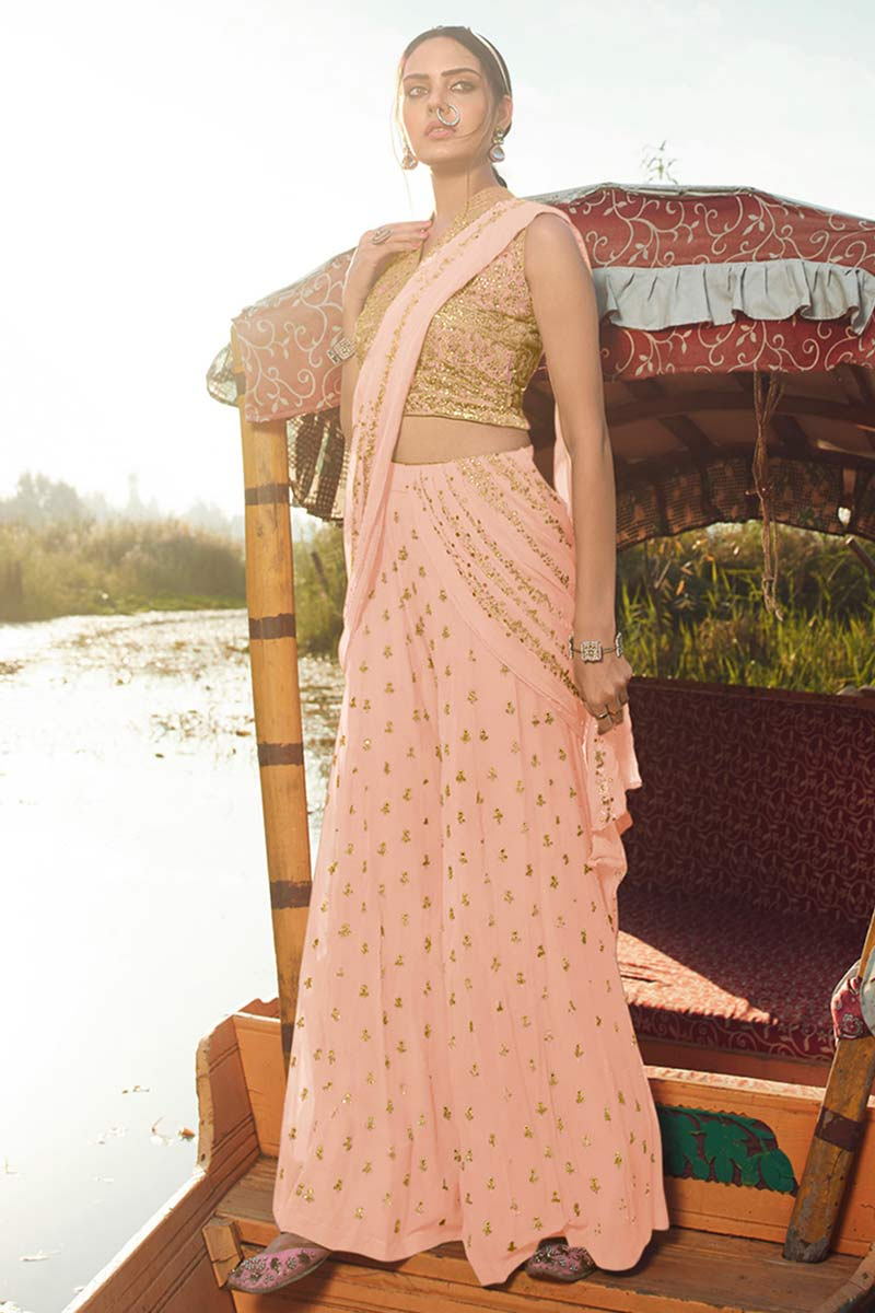 Peach Net Embriodered Palazzo Pant Suit for Wedding & Party