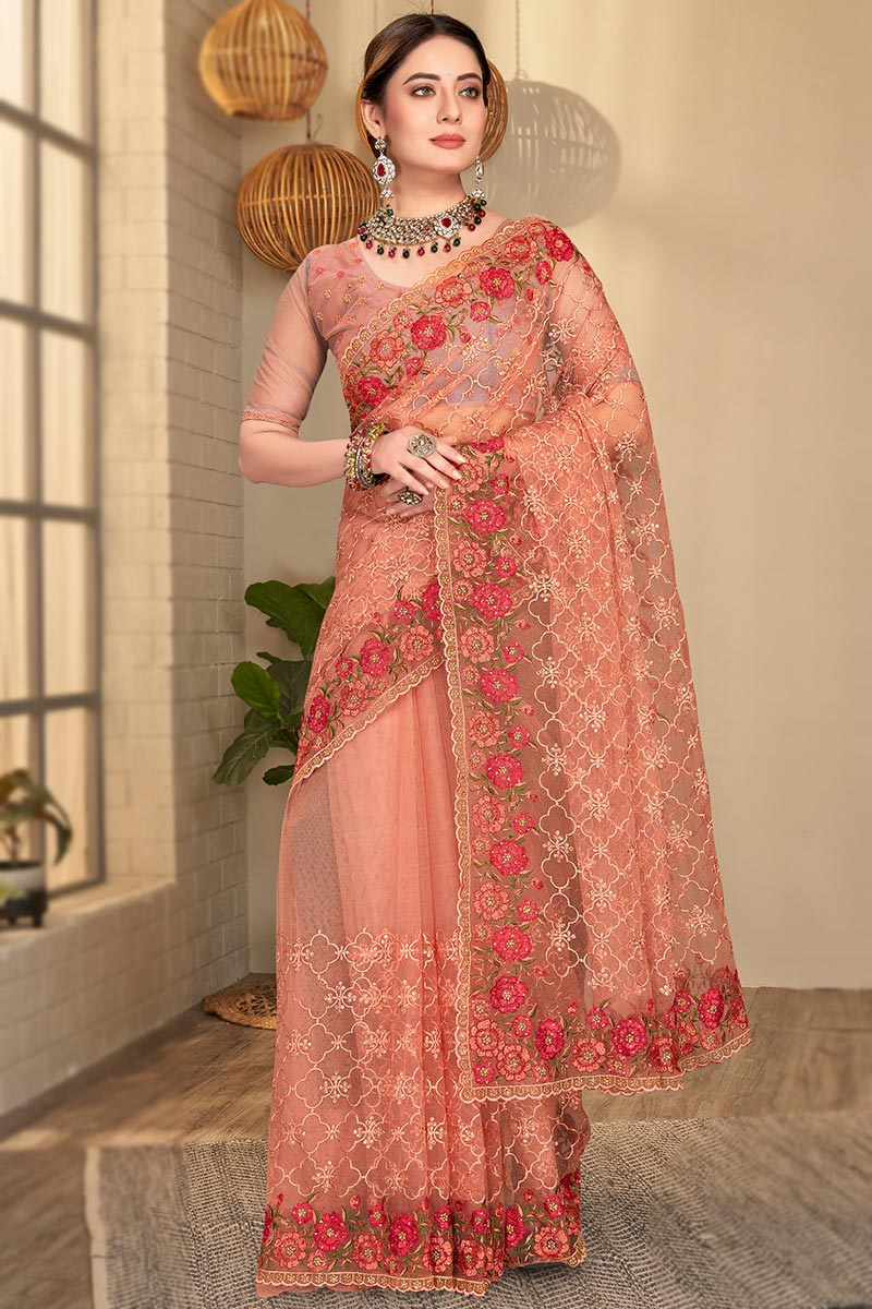 Traditional Saree in Net Peach for Party 
