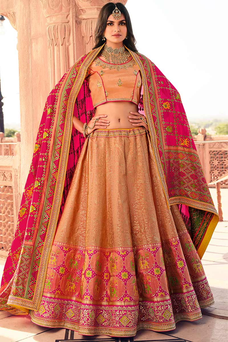 Peach Silk A-Line Woven Zari Lehenga Blouse