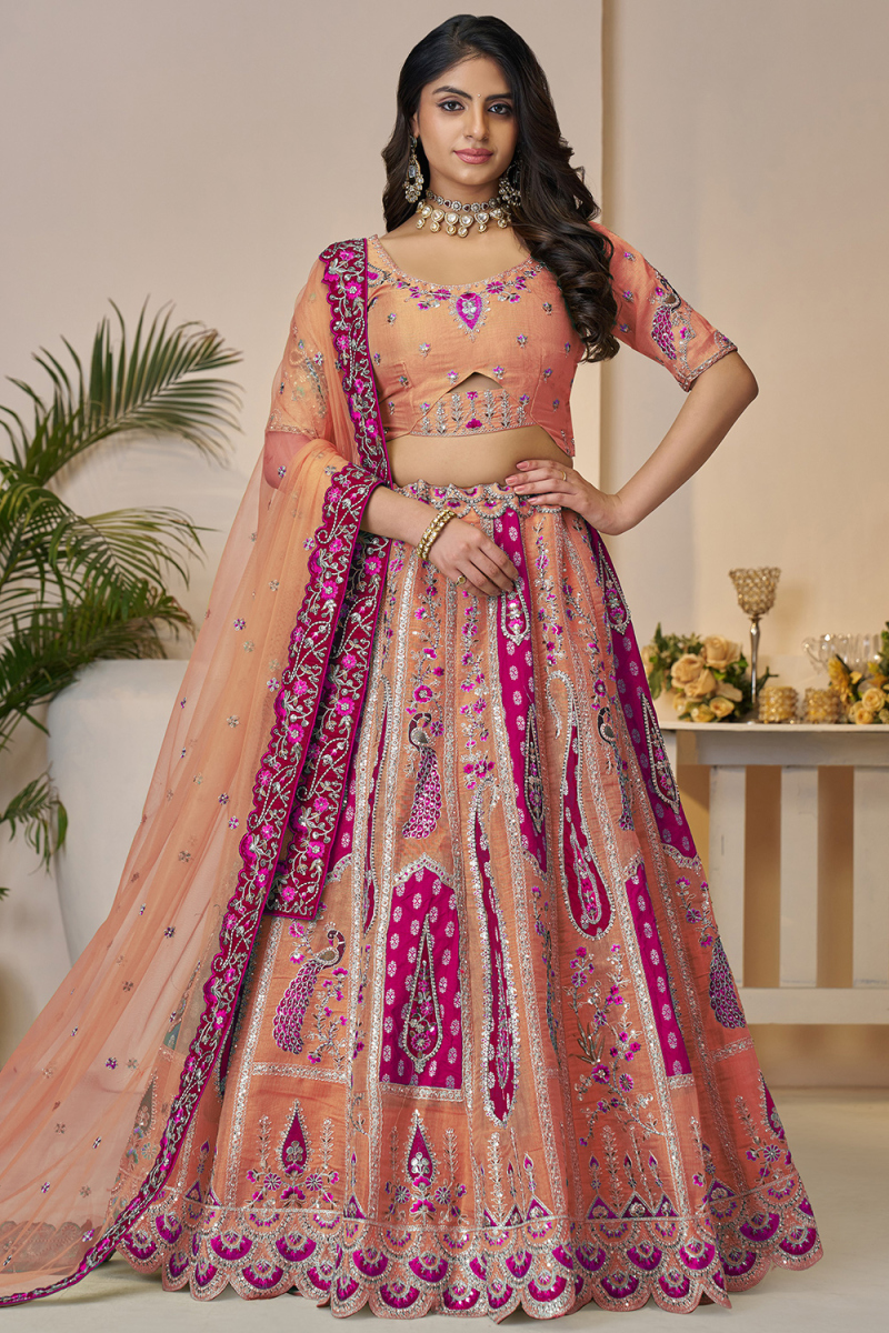 Peach Silk Blend Embroidered Flared Style Lehenga