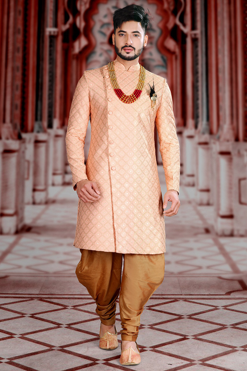 Wedding Wear Zari Embroidered Peach Men Sherwani in Silk