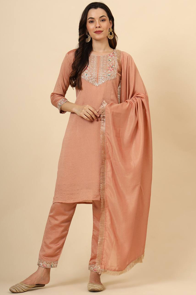 Peach Silk Embroidered Staright Cut Trouser Suit 