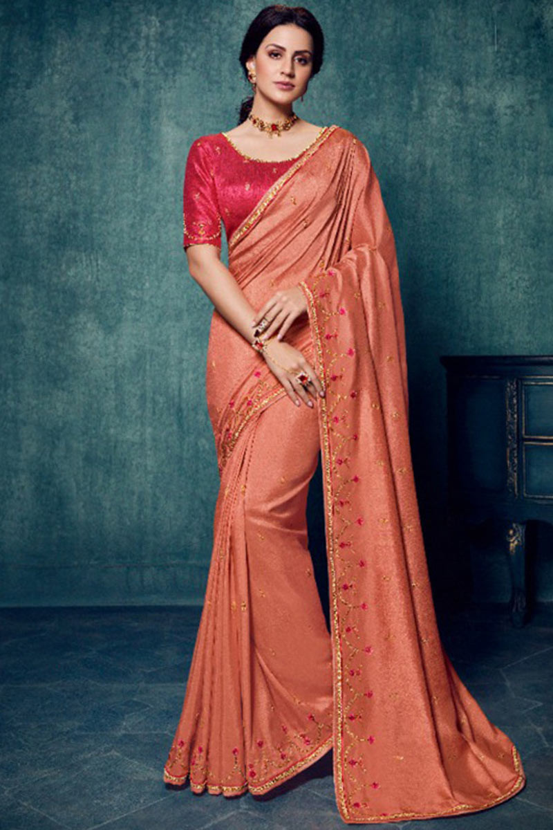 Chanderi Peach Saree With Blouse-Set of 2 – Kamakhyaa