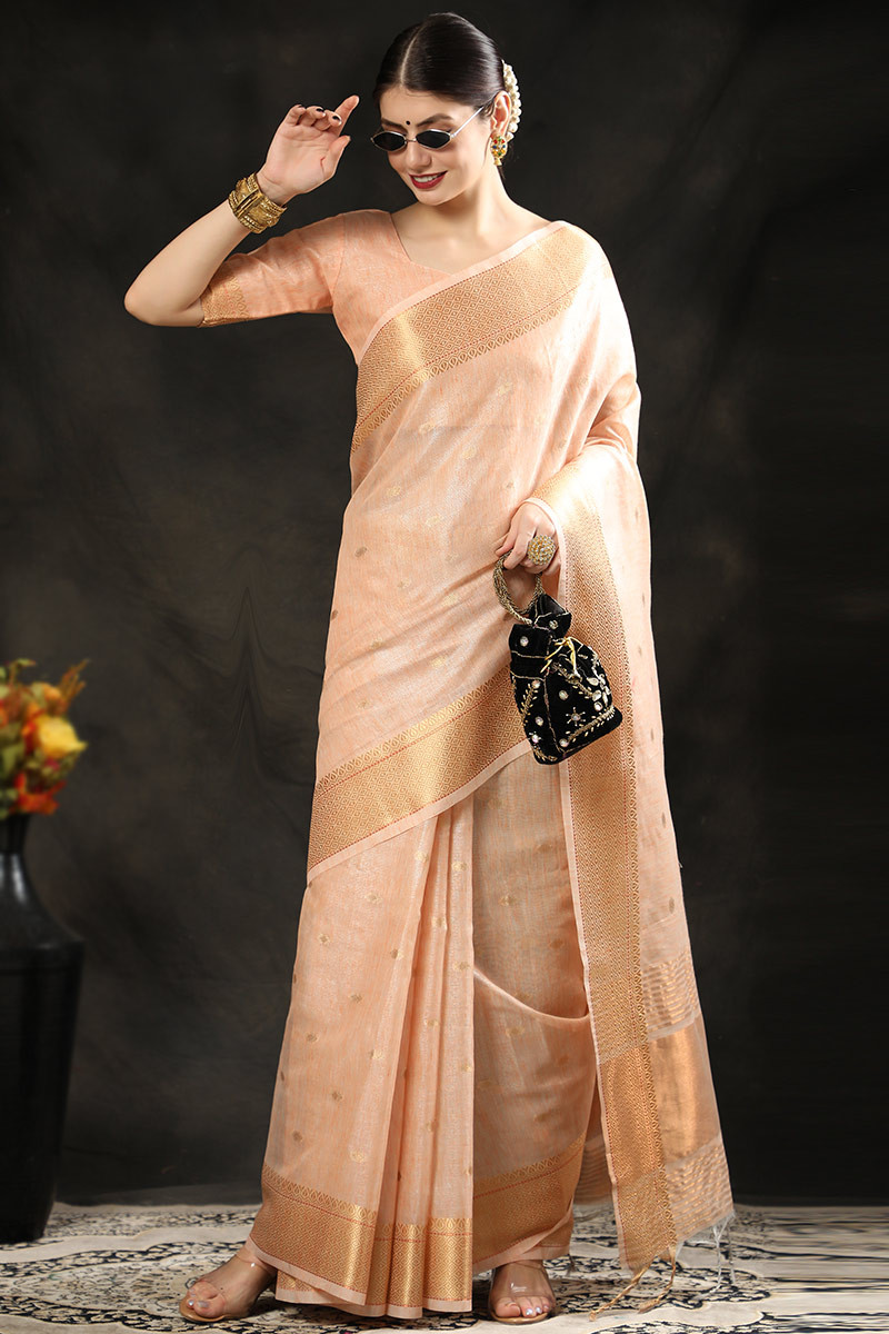 Impressive Peach Linen Silk Saree With Groovy Blouse Piece -