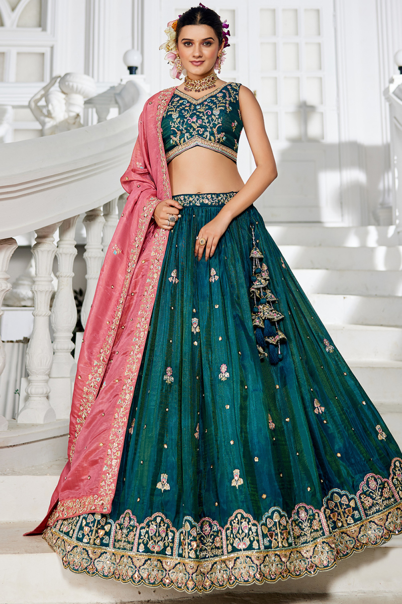 Peacock Blue A Line Tissue Embroidered Lehenga For Wedding 