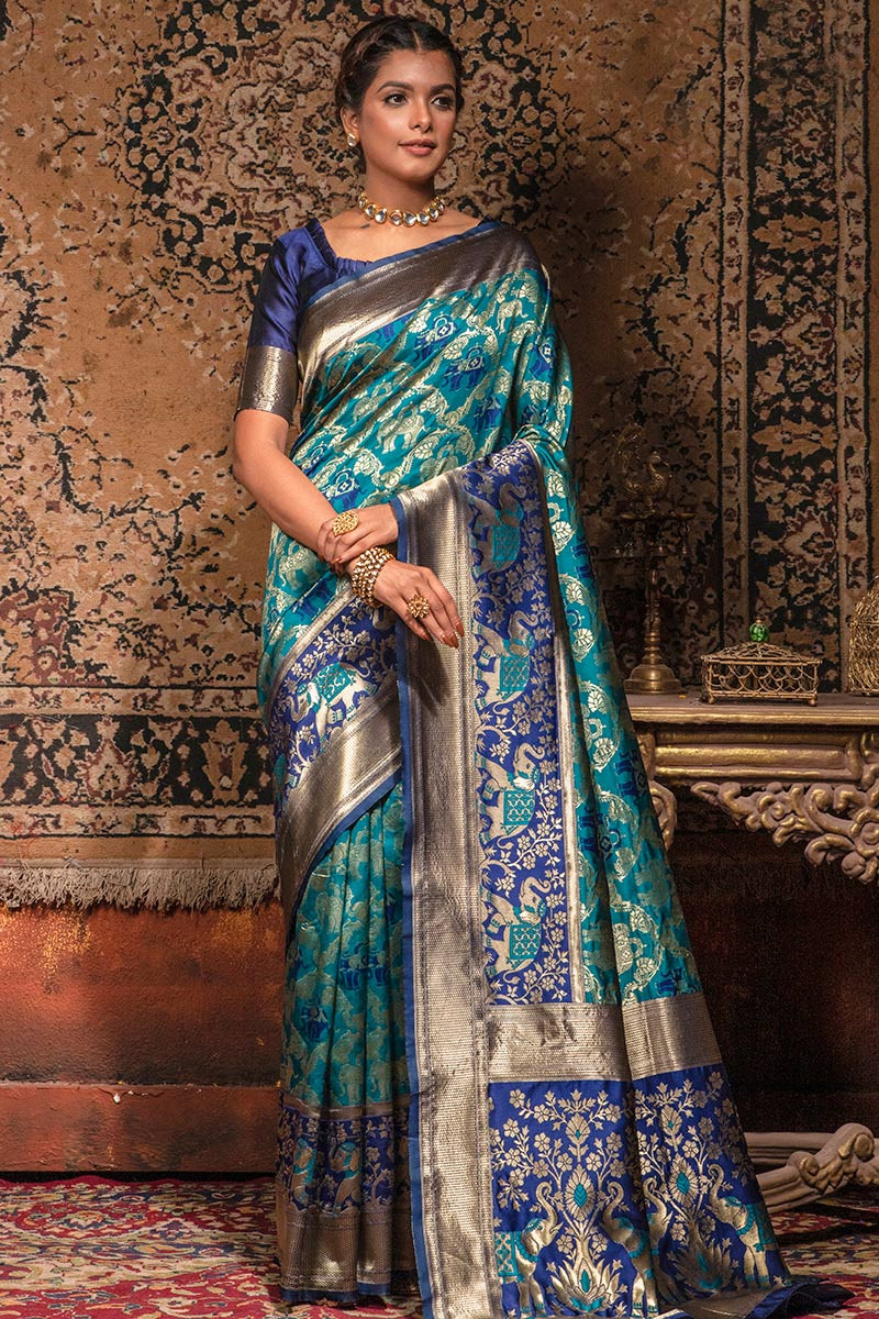 Navy Blue Gold Jaal Crush Tissue Handloom Banarasi Saree - Sacred Weaves