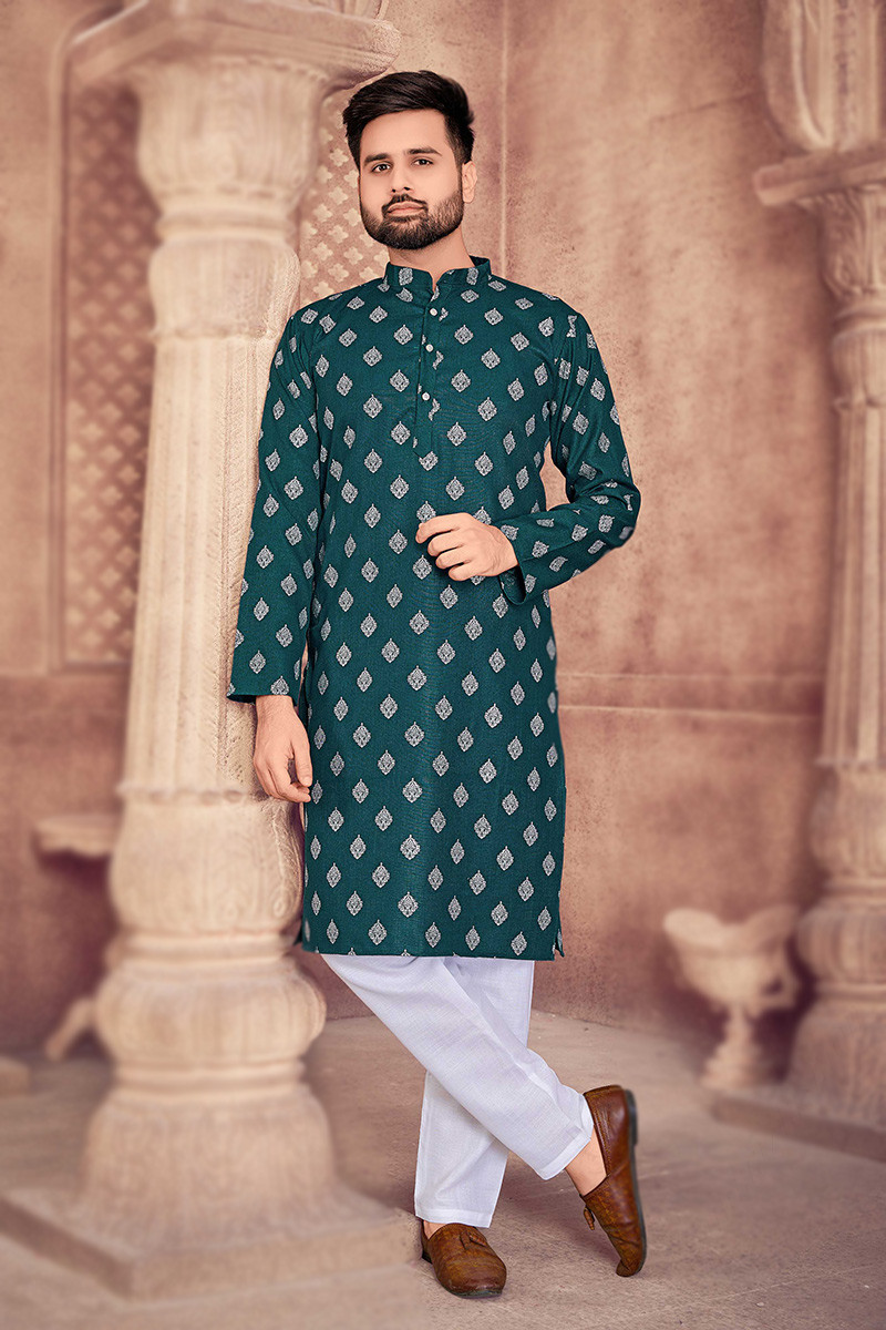 Peacock Blue Cotton Men s Kurta Pajama