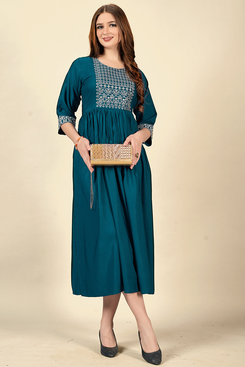 Peacock Blue Cotton Rayon Embroidered Kurti