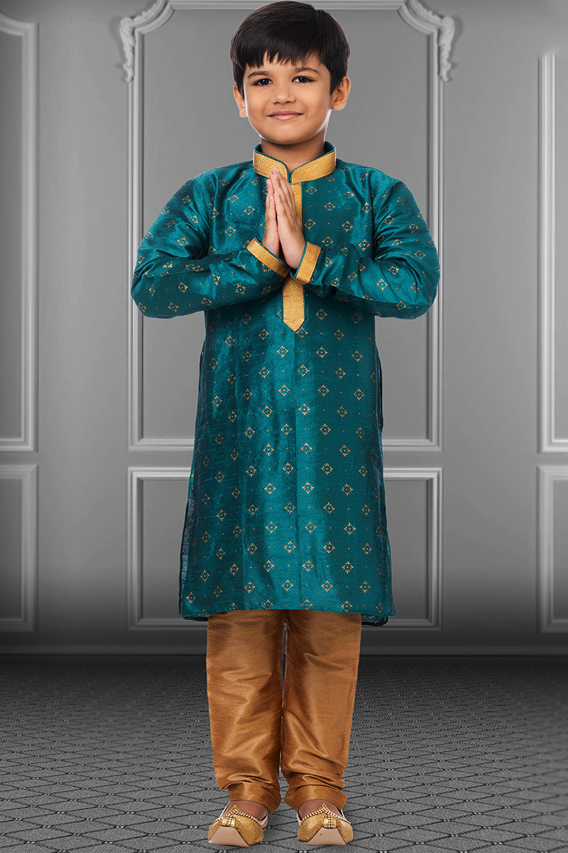 Dupion Silk Men Kurta Pajama in Peacock Blue colour for Party 