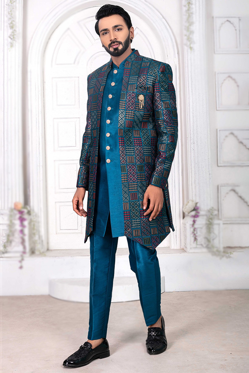 Peacock Blue Embroidered Silk Jacket Style Men s Sherwani