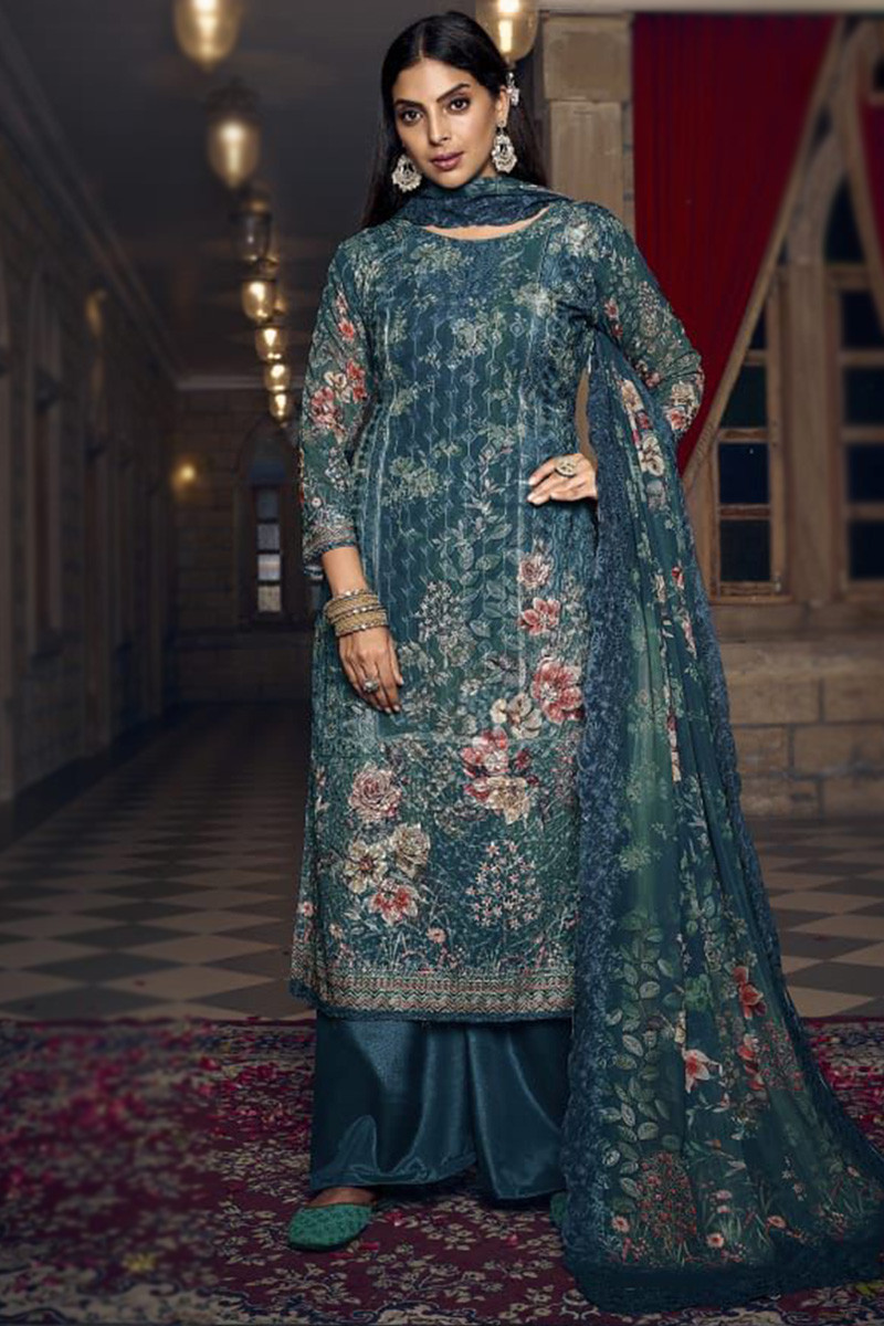 Latest Fashion Palazzo Suit in Peacock Blue Embroidered Fabric LSTV121619