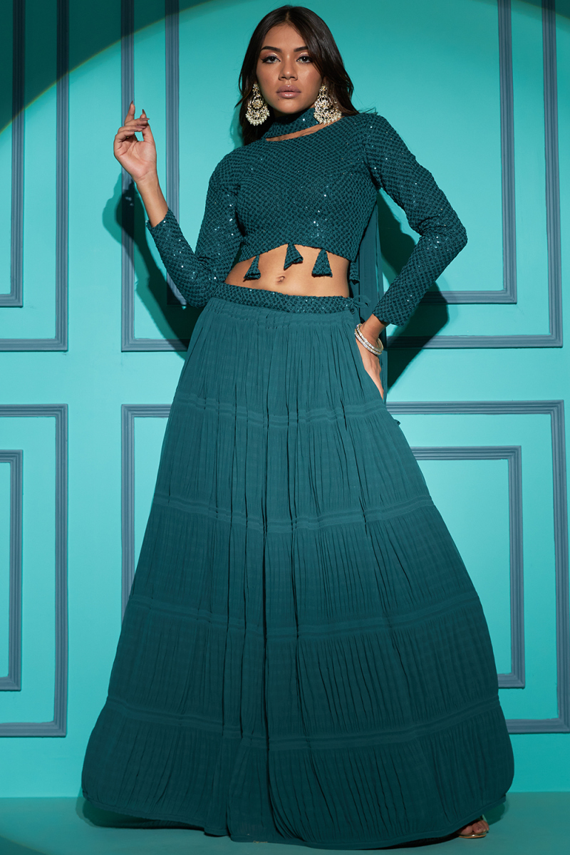 Peacock Blue Georgette Lehenga With Sequins Work For Diwali