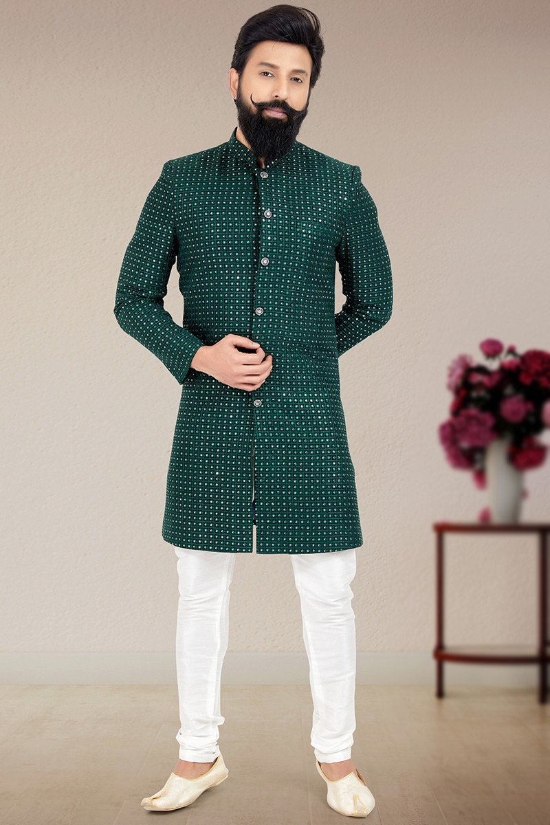 Peacock Blue Georgette Men Sherwani