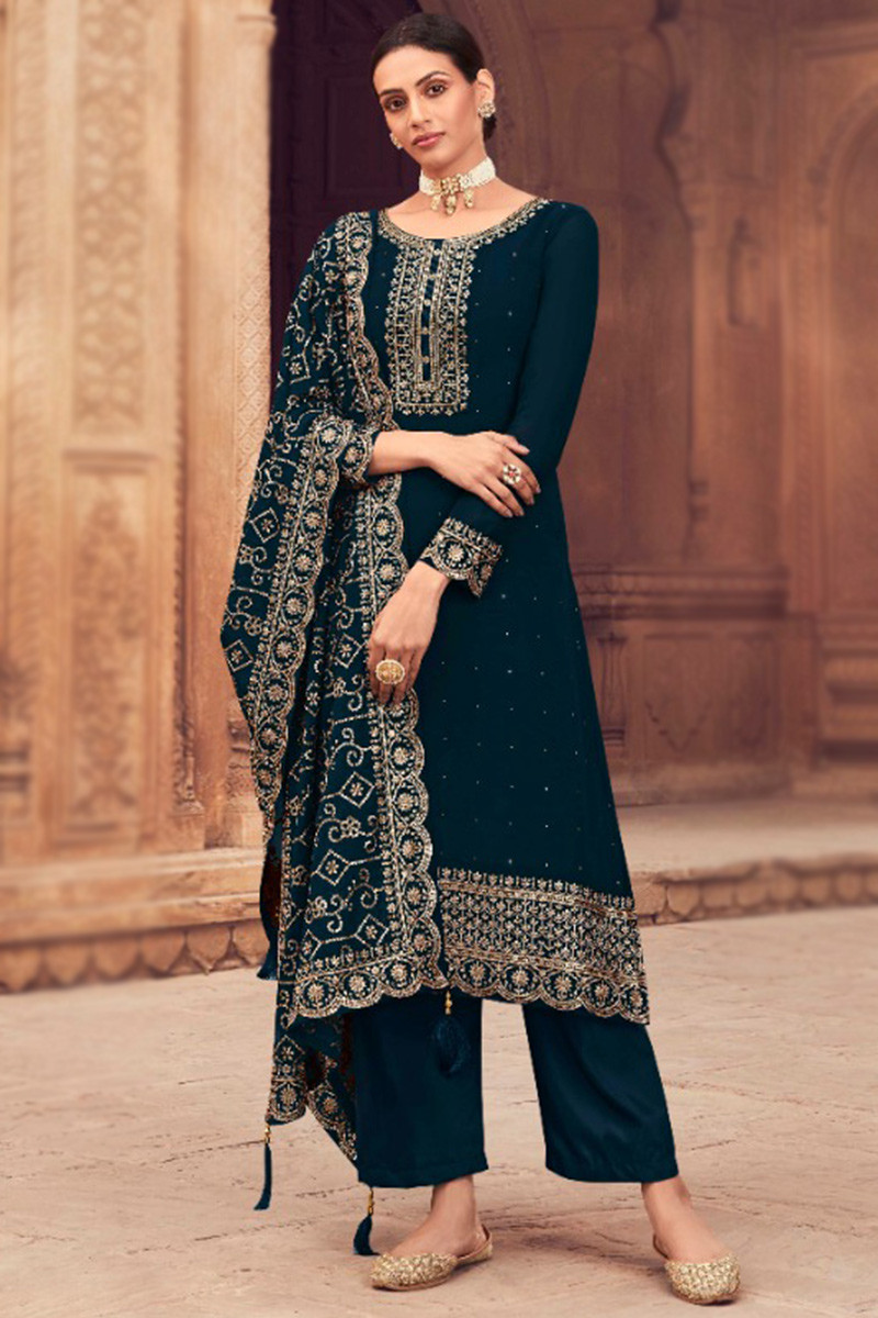 Plus Size Dresses Palazzo Suit in Peacock Blue Embroidered Fabric