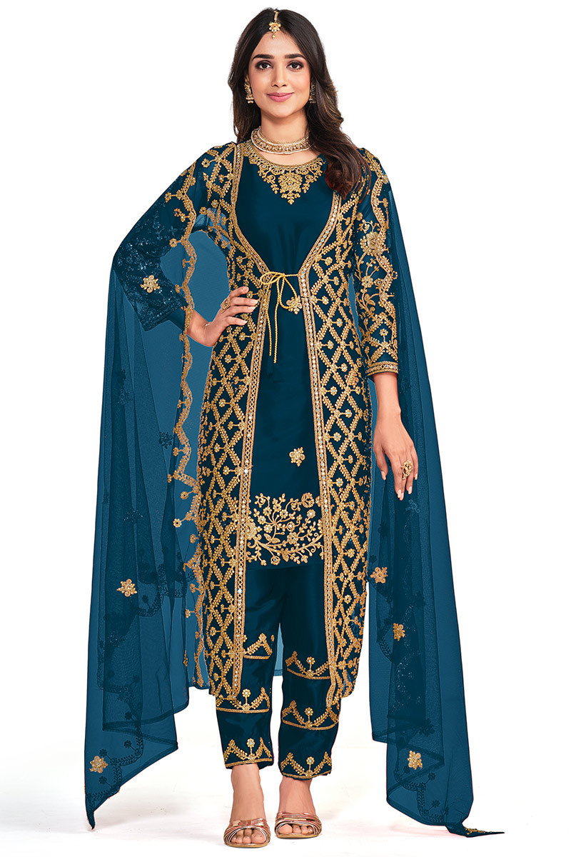 Peacock Blue Net Embroidered Trouser Suit with Jacket LSTV121941