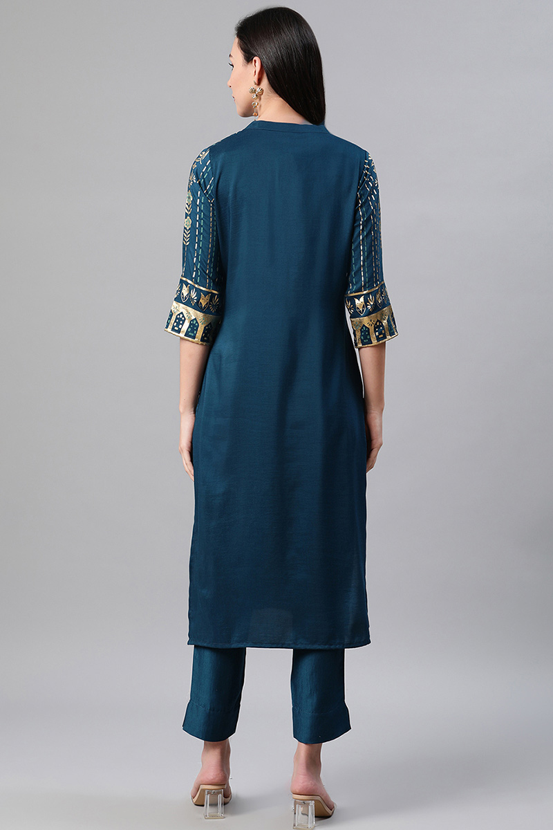 Buy Peacock Blue Rayon Straight Cut Kurti LKV001708
