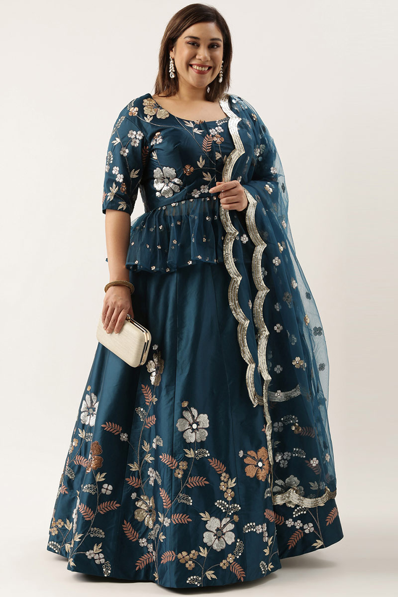 Peacock Blue Silk Embroidered Party Wear Lehenga