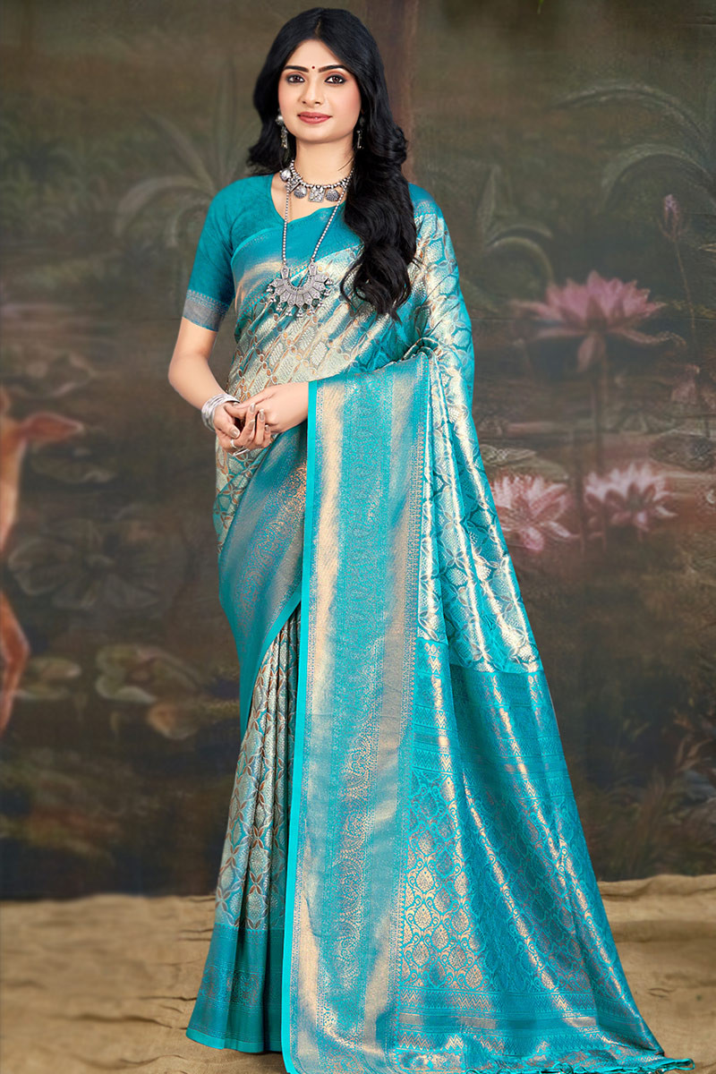 Peacock Blue Silk Woven Zari Kanchipuram Saree SARV175477