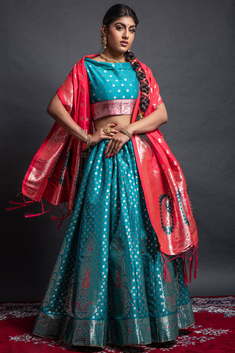 Peacock Blue Silk Woven Zari Lehenga