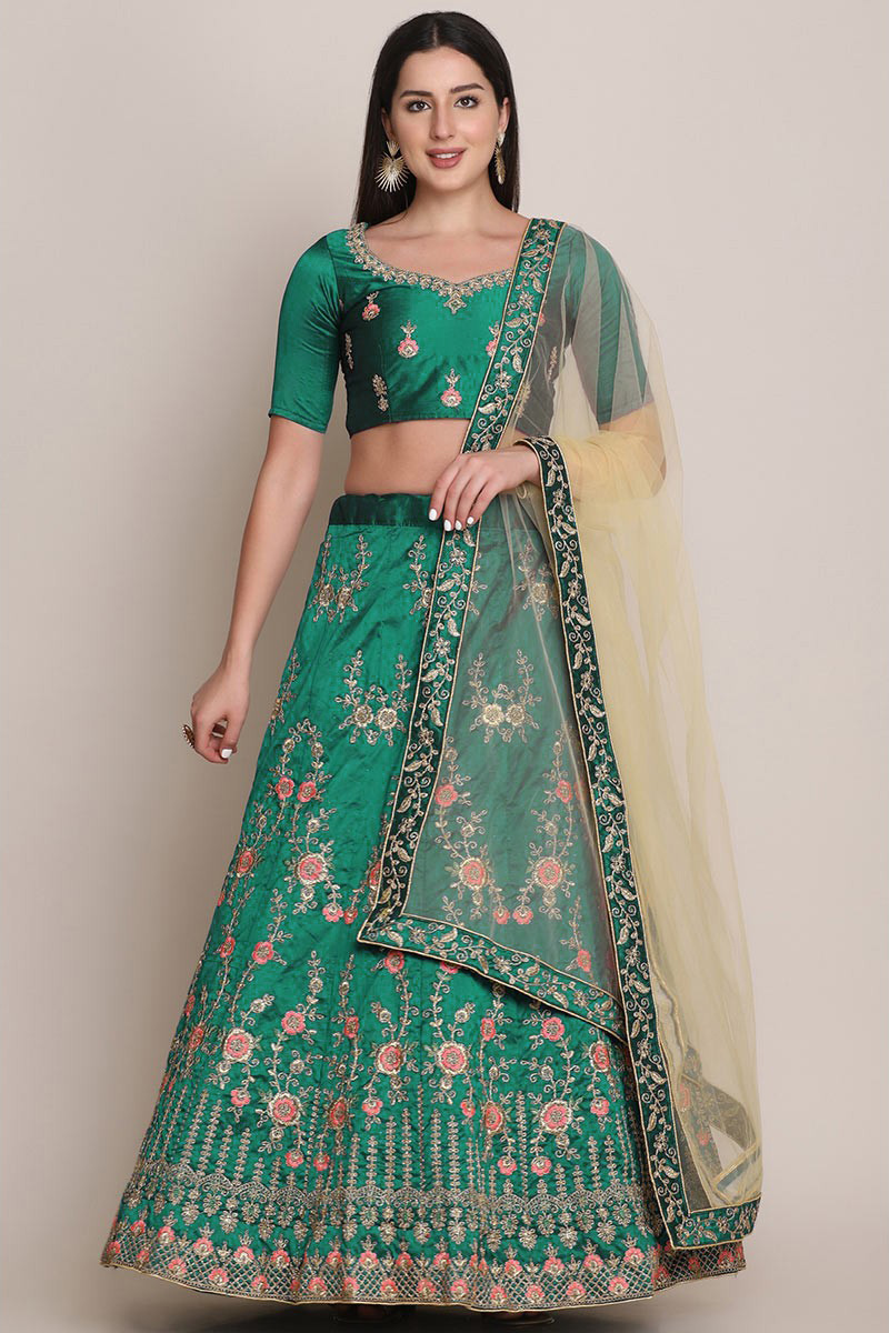 Peacock Blue Taffeta Silk Embroidered Lehenga
