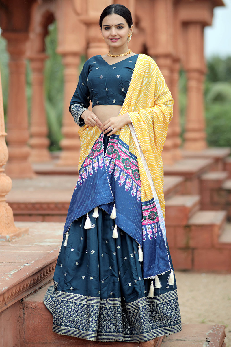 Peacock Blue Taffeta Silk Sequins Embroidered Flared Lehenga 