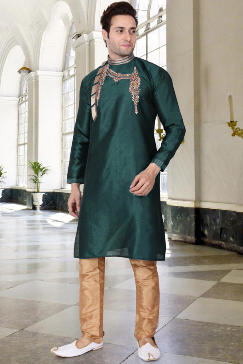 Buy Peacock Green Banglori Silk Wedding Wear Kurta Pajama Online MKPV0129