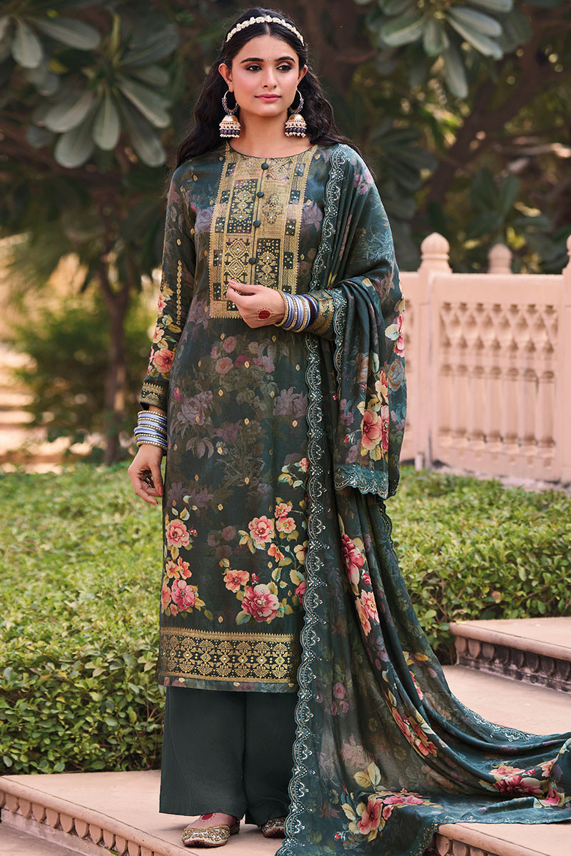 Peacock Green Floral Print Crepe Straight Cut Palazzo Suit LSTV126693