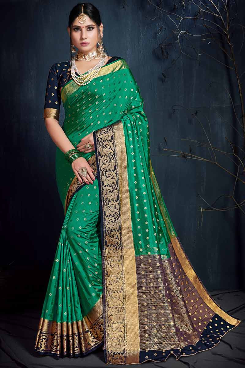 Buy Peacock Green Handwoven Kanjivaram Silk Saree T218112