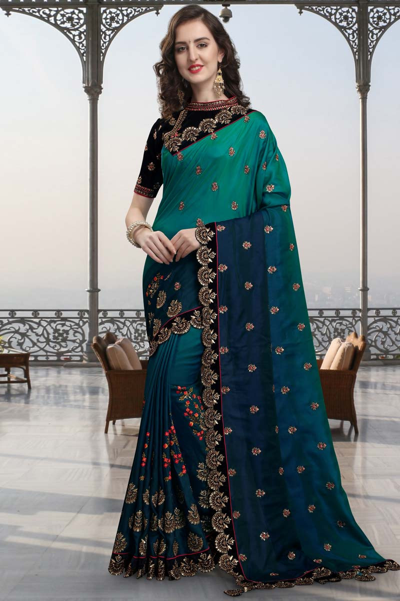 SOLID BLACK VELVET BLOUSE WITH CHIFFON SEQUINS SAREE – Saad Ibrahim