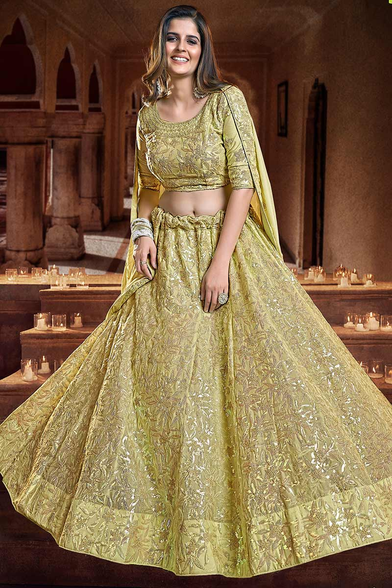 Pear Green Georgette Embroidered Mehndi Lehenga