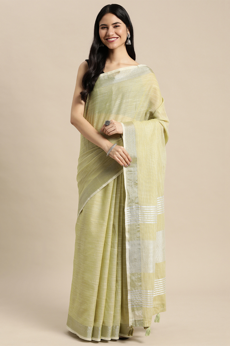 Pear Green Linen Saree with Woven Zari Work for New Year