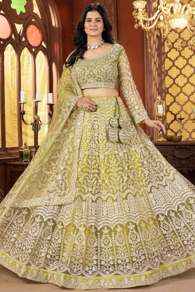 Pear Green Net Lehenga With Sequins Work For Wedding