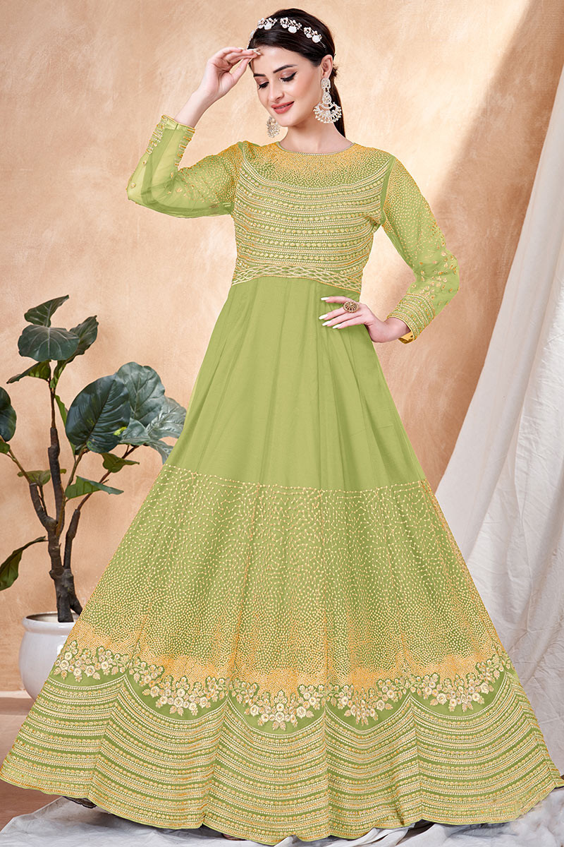 Anarkali Suit Online | Buy Mehendi green anarkali suit