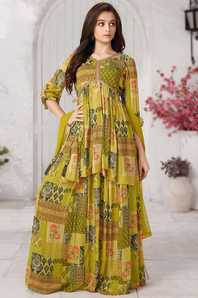 Pear Green Printed Silk Frock Style Sharara Suit LSTV127623