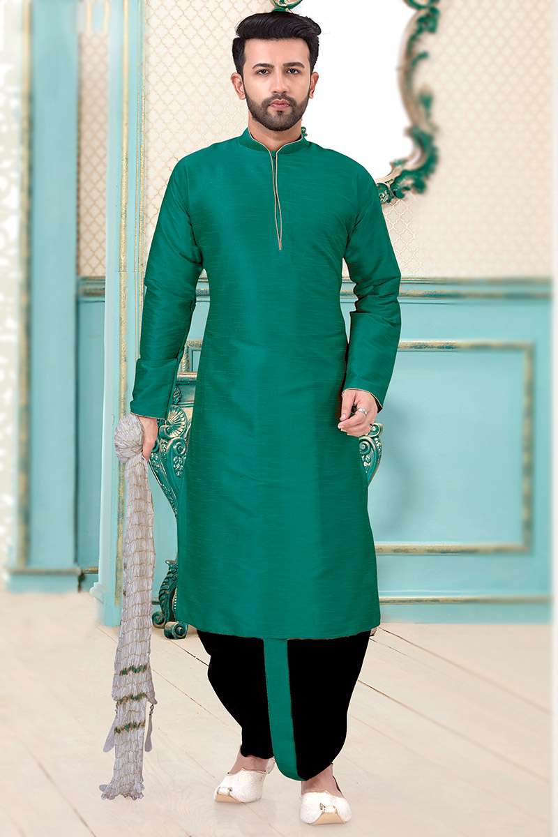 Persian Green Dupion Silk Men Kurta With Dhoti