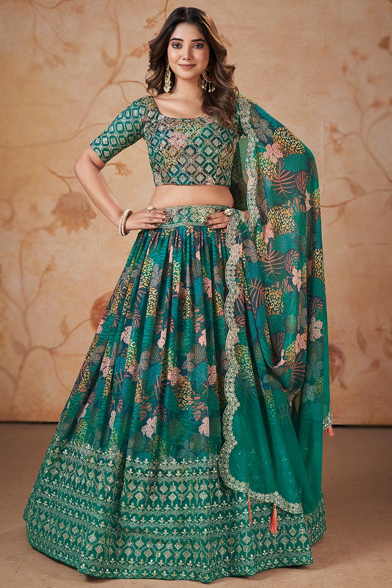 Persian Green Georgette Printed Flared Lehenga