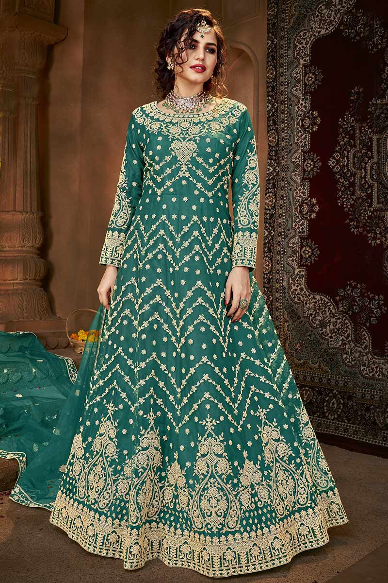 Buy Mehndi Outfit Net Persian Green Anarkali Suit LSTV110795