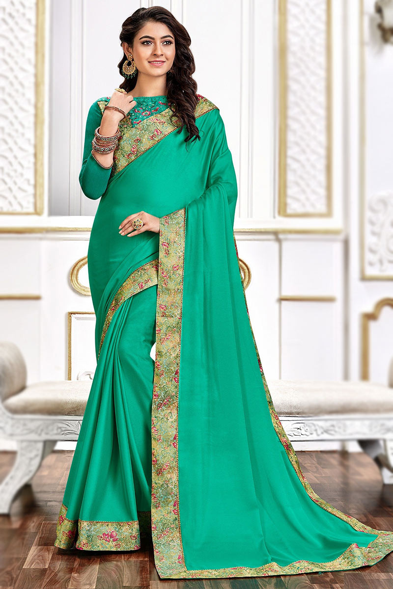 Persian Green Poly Silk Plain Saree With Lace Border