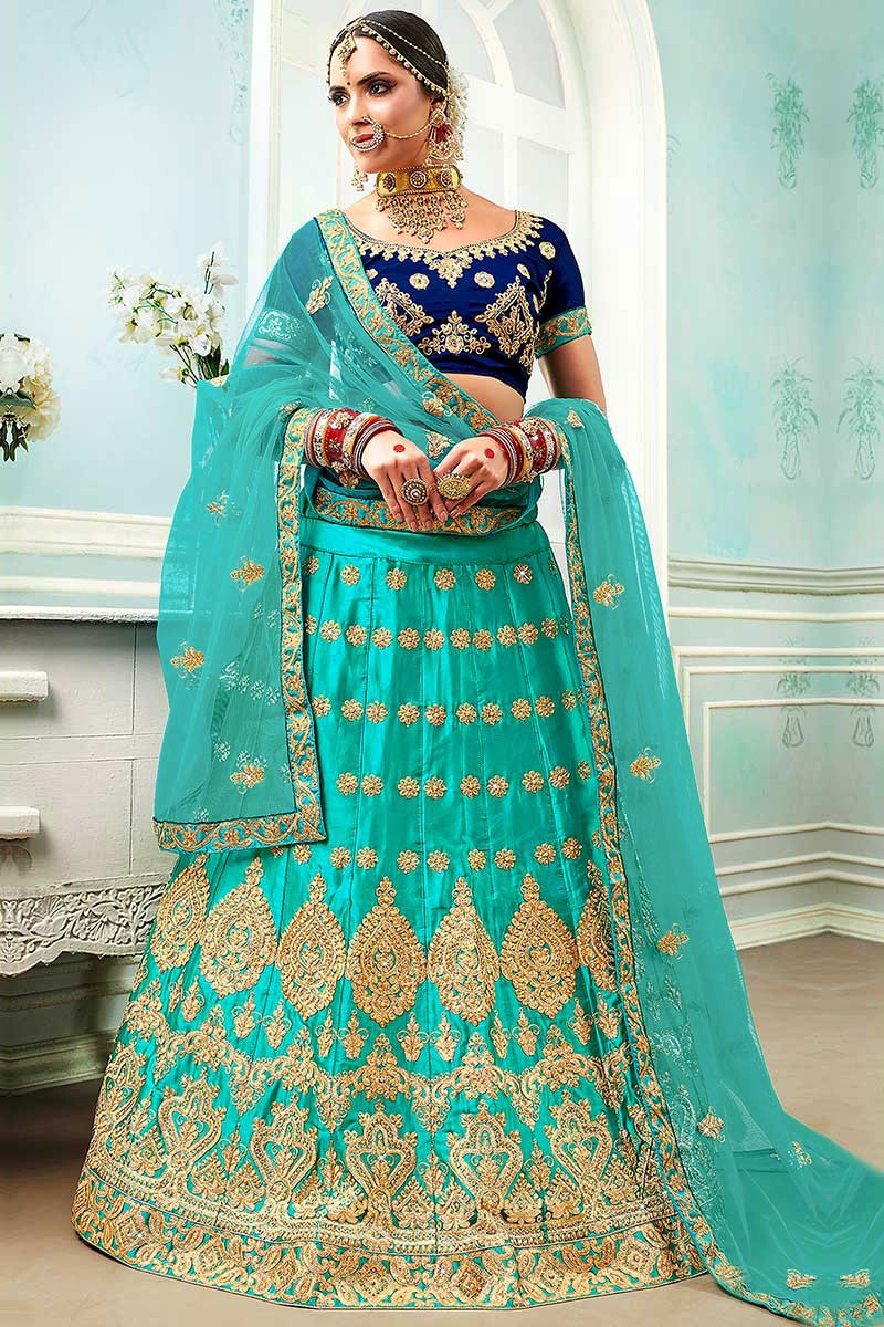 Persian Green Satin Lehenga for Sangeet with Stone embroidery