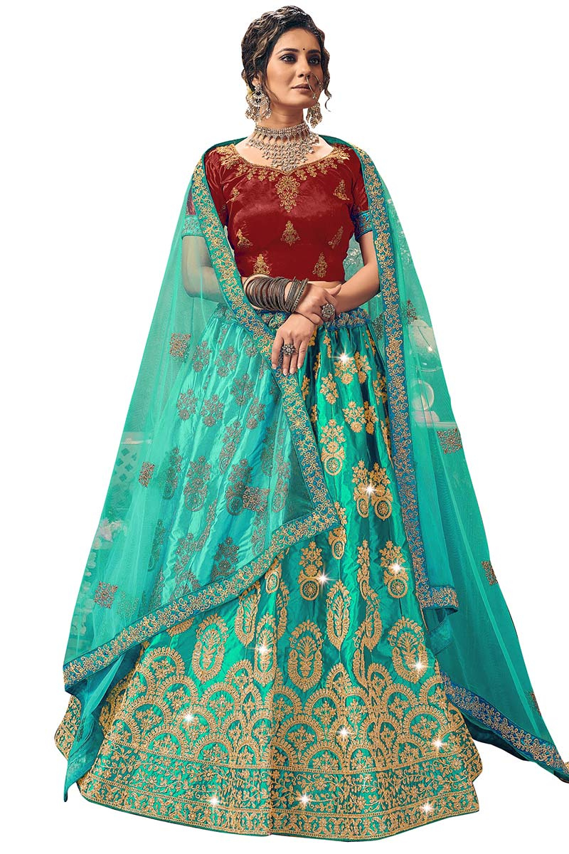 Satin Lehenga with Stone Embroidery in Persian Green for Party 