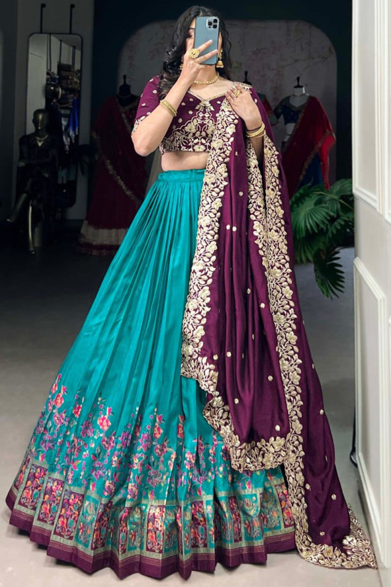 Persian Green Silk Blend Embroidered Flared Style Lehenga