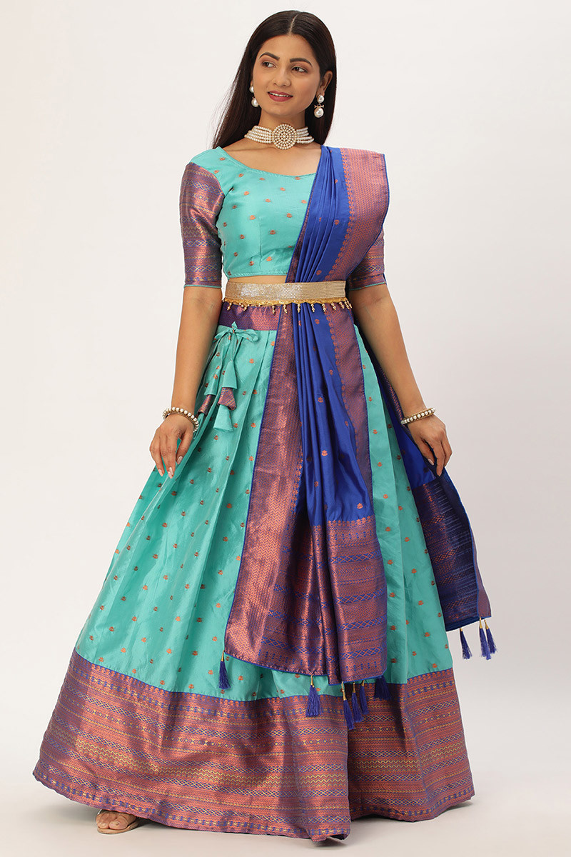Mehendi Color South Indian Lehenga Choli in Silk With Zari Weaving Pattu Lehenga  Choli in USA, UK, Malaysia, South Africa, Dubai, Singapore