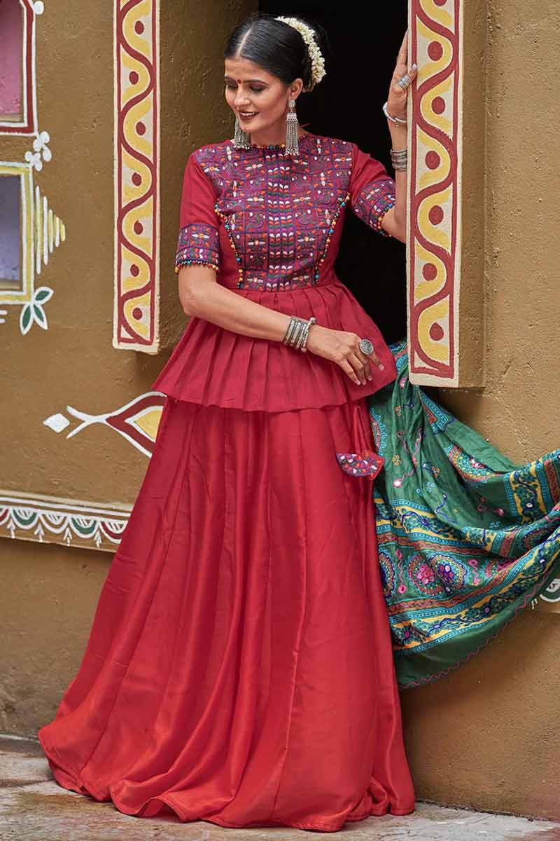 phulkari embroidered cotton lehenga choli in crimson red colour llcv00973 1