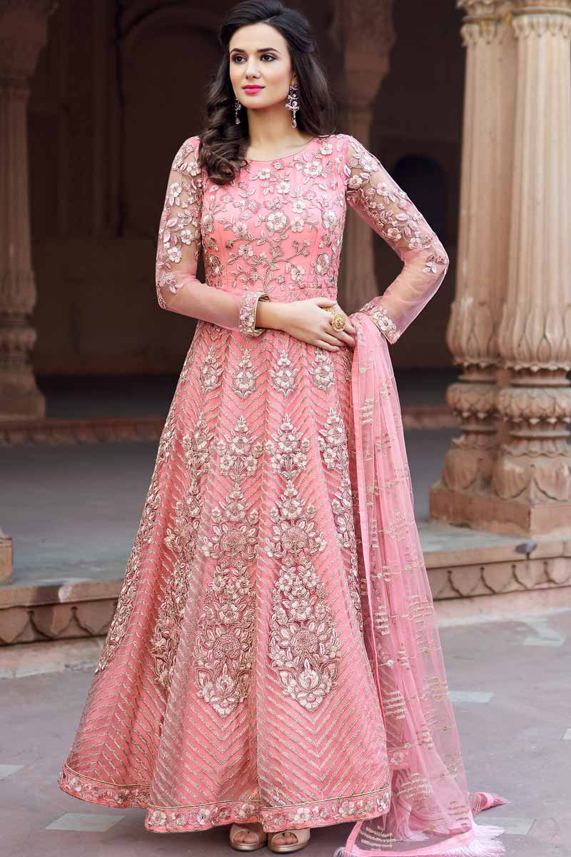 Pink Anarkali Suit With Resham Embroidered