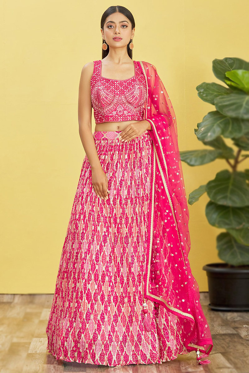 Pink Bandhej Print Chinnon Lehenga For Sangeet 