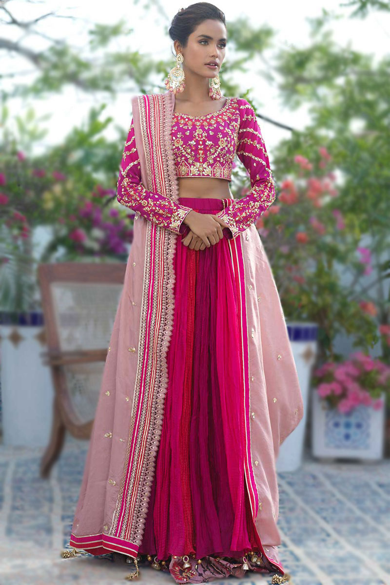 Pink Cotton Silk A-Line Party Wear Lehenga