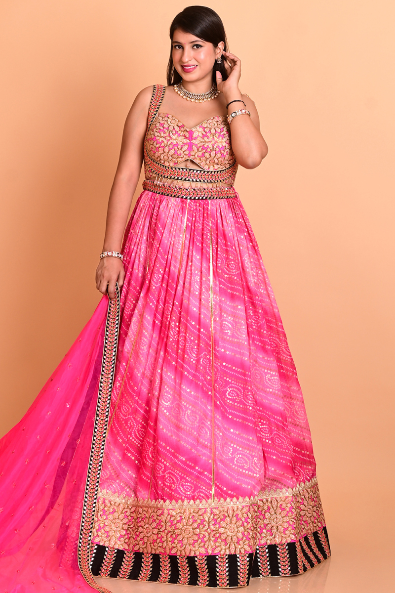 Pink Kota Doria Bandhej Print Flared Style Lehenga